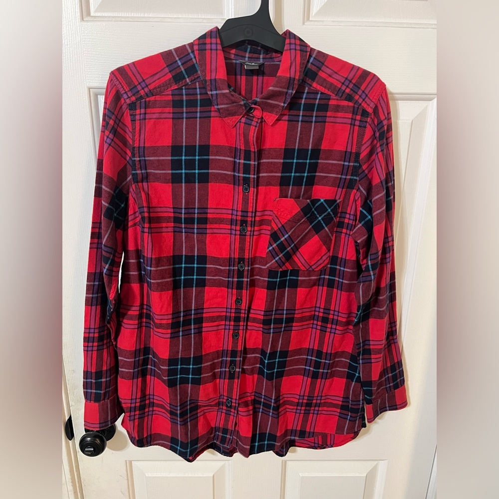 Eddie Bauer Women’s XLT Cotton Red Plaid Button Down Shirt Outdoors Western